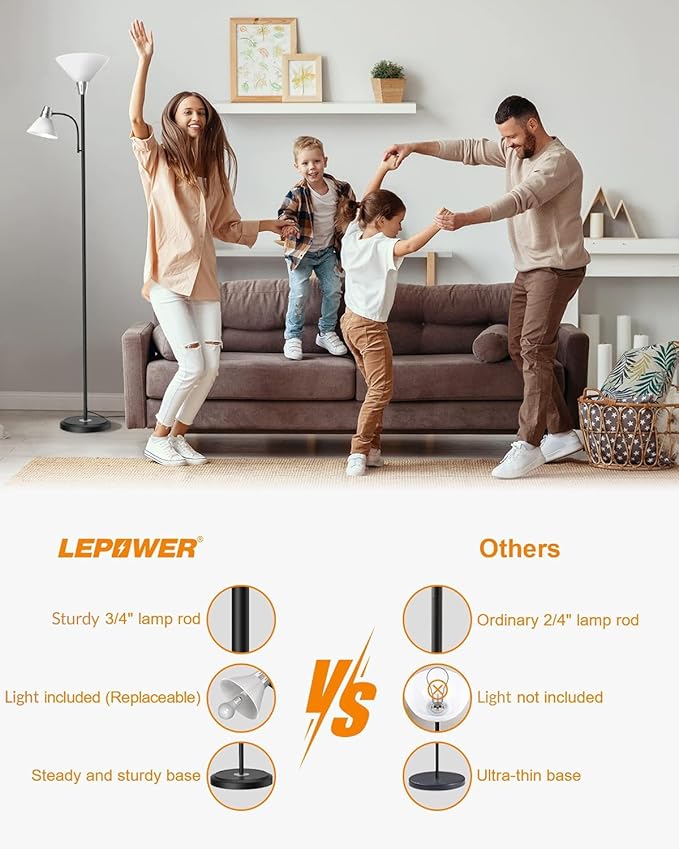 LEPOWER Floor Lamp, Standing Lamp Replaceable 3000K Energy-Saving, Lamp for Living Room with Adjustable Reading Light, Modern Bright Floor Lamp for Bedroom, Living Room, Office