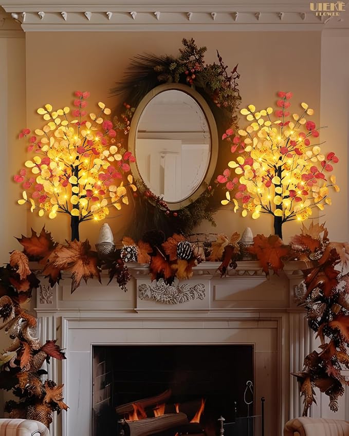 Uieke 24inch Artificial Fall Eucalyptus Tree 24 LED Prelit Tabletop Fall Tree with 6 Pumpkin Lights Battery Operated with Timer, Fall Decorations for Home Thanksgiving Halloween Decor