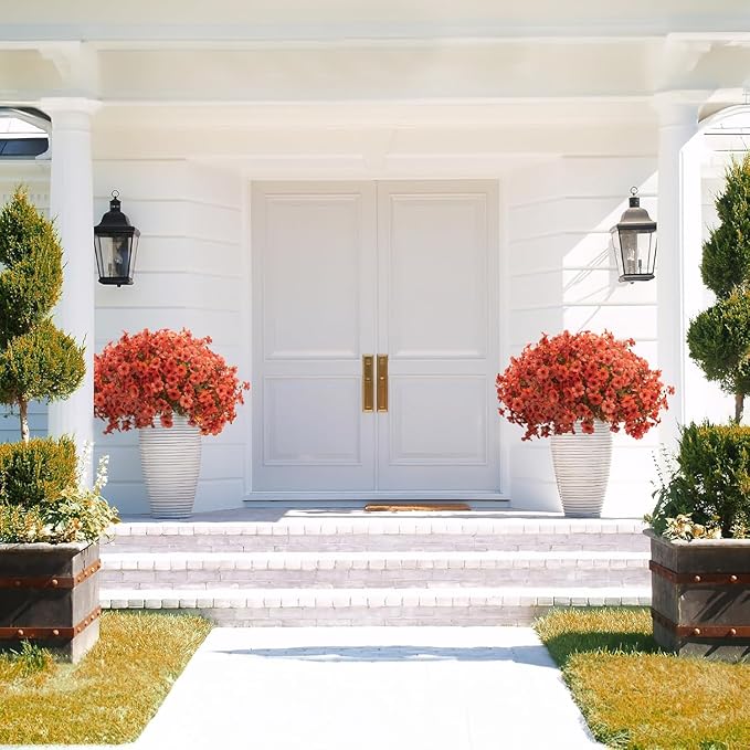 Fall Outdoor Artificial Flowers 16 Bundles - UV Resistant Faux Daisy with Eucalyptus Leaves, Weatherproof Fake Plants for Porch, Patio, Garden Decor, Indoor Outdoor Decor (Fall Orange Red)