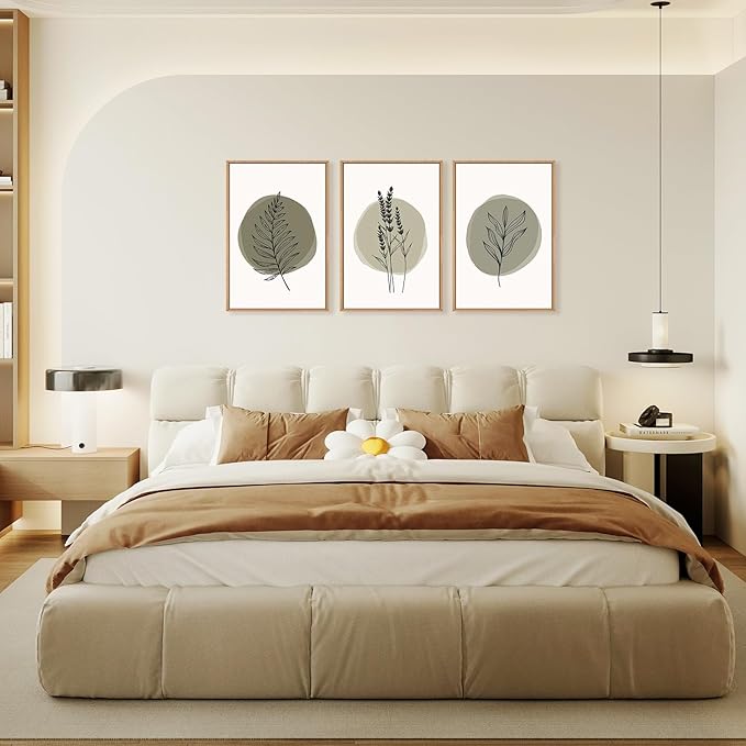 HOURIA Sage Green Leaves Framed Canvas Wall Art Set,Minimalism Boho Leaf Wall Decor, Modern Nature Botanical Wall Painting,Mid Century Plant Art Prints for Living Room,Bedroom,Farmhouse-24 x36 x3