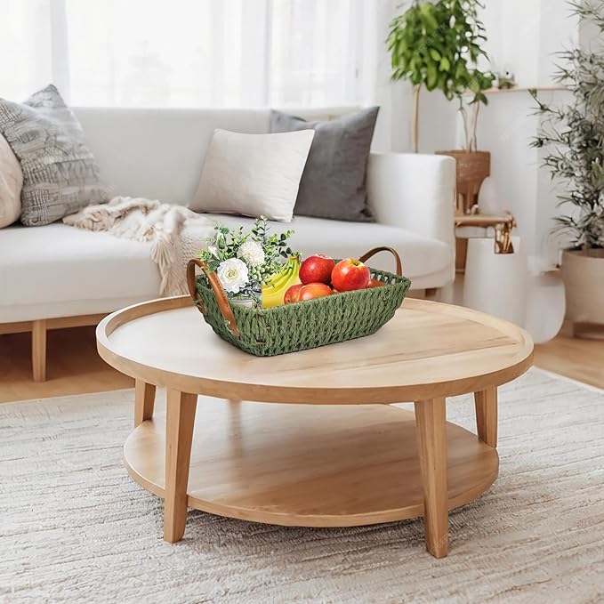 Paper Rope Woven Toilet Paper Basket, Small Wicker Storage Baskets for Organizing with Handles, Bedroom Decor Baskets Toilet Tank Shelf Storage Bins (1pc Green)