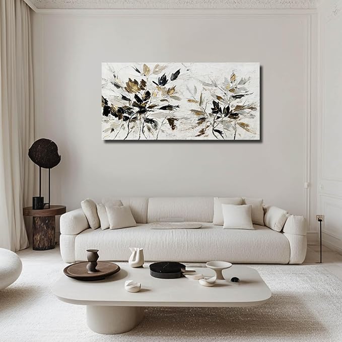 Modern Artwork Black and White Wall Art Abstract Wall Decor for Living Room Home Leaves Canvas Pictures Bedroom Gold Wall Art 24x48 Inch