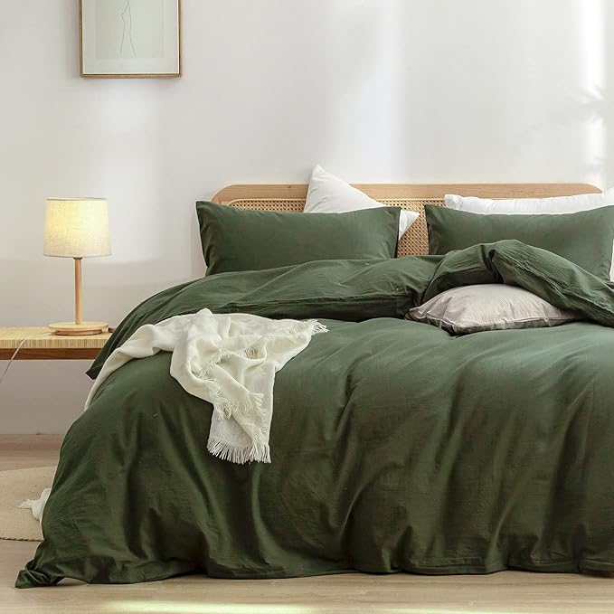BESTOUCH Duvet Cover Set 100% Washed Cotton Linen Feel Super Soft Comfortable Chic Lightweight 2 PCs Home Bedding Set Solid Olive Green Twin/Twin XL