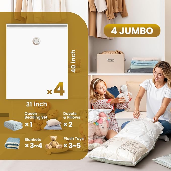 TAILI 4 Pack Vacuum Storage Bags, Jumbo Vacuum Seal Bags for Clothing (40x31 Inch), Space Saver for Bulky Bedding, Comforters, Blankets, Pillows, Large Closet Organization and Storage