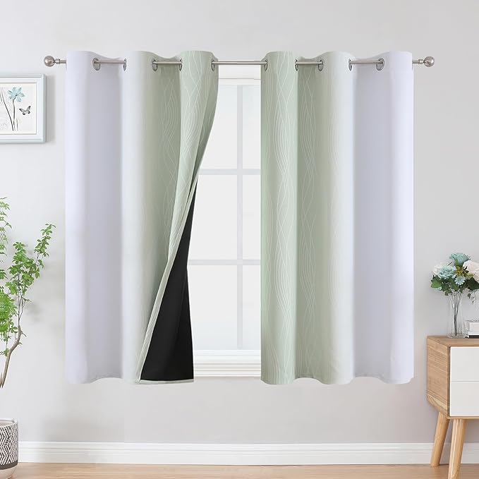 Estelar Textiler Sage Green and Greyish White Ombre Blackout Curtains 54 Inch Length 2 Panels, Full Room Darkening Drapes for Kitchen, Thermal Insulated Grommet Short Curtains for Bedroom,42Wx54L