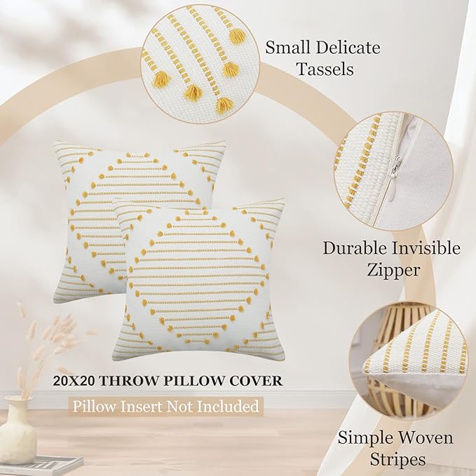 Mecatny Boho Outdoor Throw Pillow Covers 20X20 Set of 2, Farmhouse Decorative Pillow Covers for Couch Sofa Living Room, Yellow & White