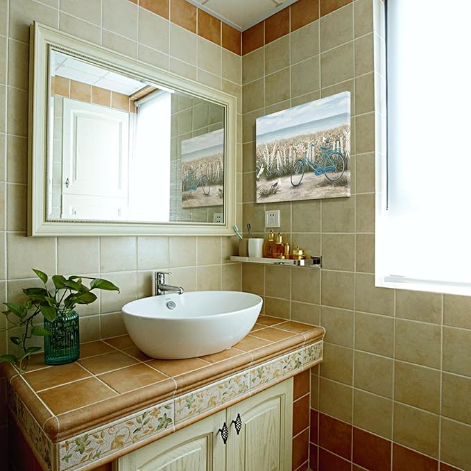 Bathroom Wall Art Farmhouse Boho Ocean Beach Coastal Vintage Floral Canvas Print Seaside Blue Bicycle Seagull Seascape Painting Seashore Botanical Wildflower Field Daisy Flowers Artwork 12x16inch