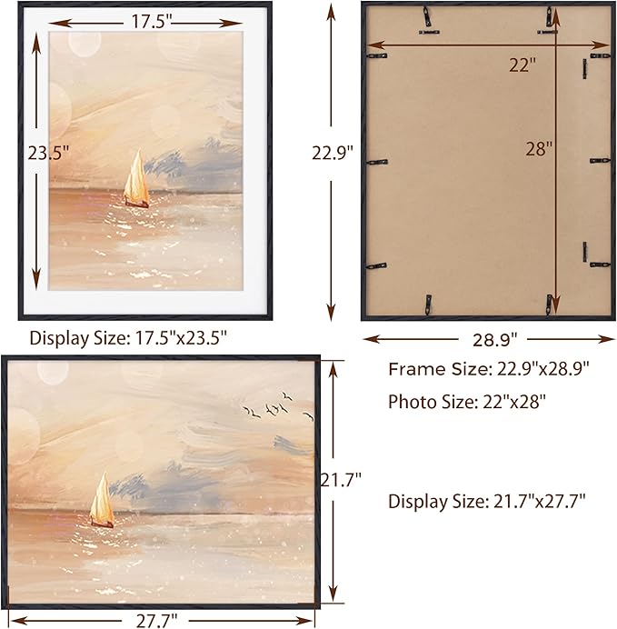 22x28 Black Picture Frame, 22"x28" Oak Wood Frame for Wall, Rustic Poster Frames 22 x 28, 22x28 Matted Frame to 18x24, Tempered Real Glass, 22 by 28 Art Frame (Black, 2 Pack)