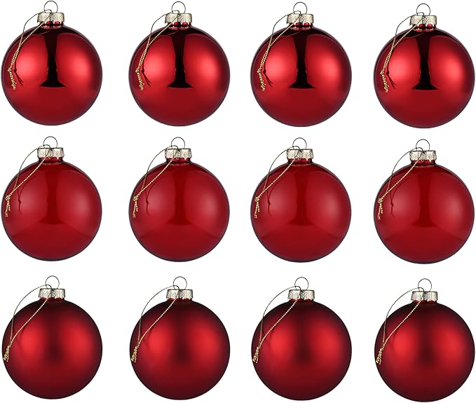 Red Ball Ornaments for Christmas Tree, Matte, Shiny, Clear Glass Ball Ornaments for Christmas Tree, 12Pcs Vintage Xmas Balls for Home Decoration, Thanksgiving, Party, DIY Gift
