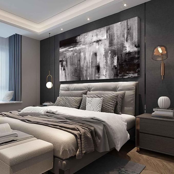 XIANSHOU Black Abstract Wall Art Living Room Decor Painting 29"x 58" White Abstract Graffiti Wall Decorations for Bedroom Kitchen Dining Room Office