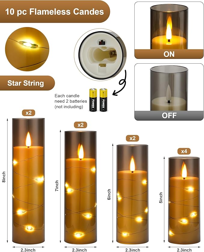Enido 10 Pc Flameless LED Candles with Remote & Timer, Battery Operated Acrylic Pillar Set, Flickering Electric Lights with Embedded Star String for Cozy Home & Holiday Romantic Decor (Grey)