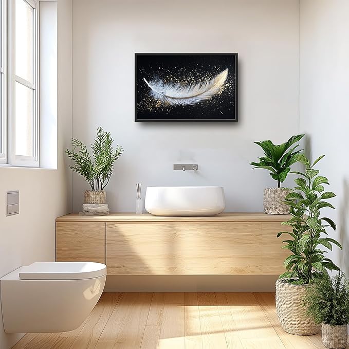 Flintis Large Feather Framed Wall Art White and Gold Feather Pictures Wall Decor Abstract Modern Canvas Painting Print Artworks Decor Framed for Living Room Bathroom Master Bedroom 36L X 24W