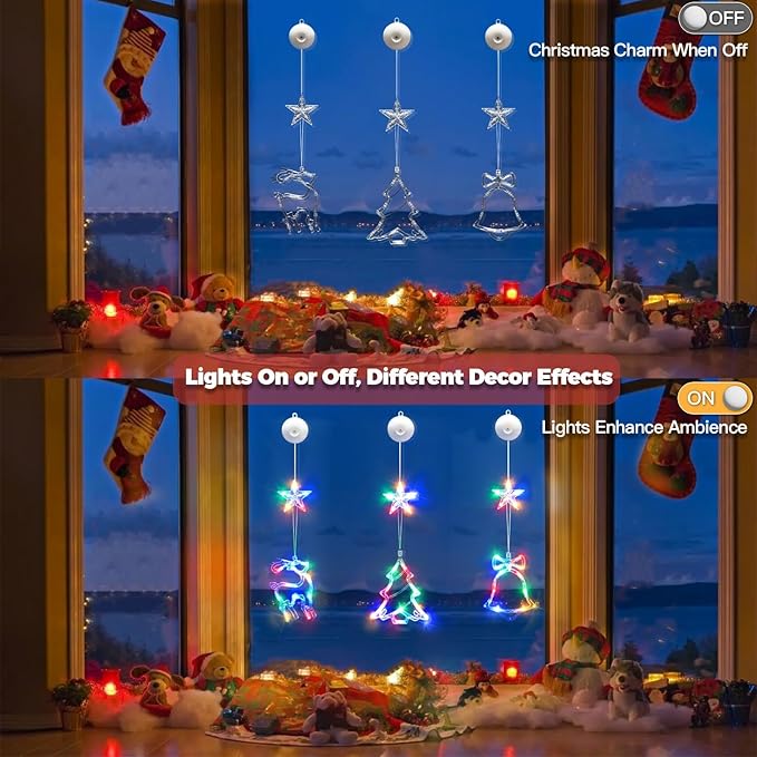 suddus Christmas Window Lights Decorations, 3Pcs Tree-Jingle Bell-Deer Shaped Xmas Lights Battery Powered with Suction Cups & Timer, Hanging String Lights Indoor for Tree, Fireplace, Multicolor