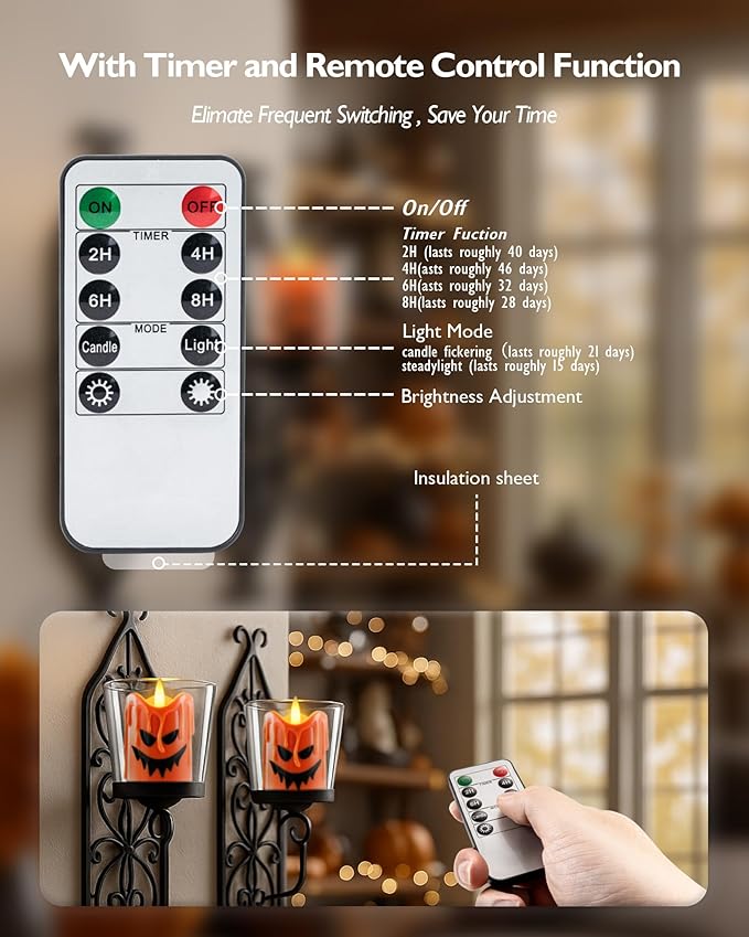 Homemory Orange Remote Control Flameless Candles, 400+Hour Real Wax Battery Operated LED Votive Candles, for Halloween Decorations, Theme Party, Wedding Table Decor, Thanksgiving Day Decor