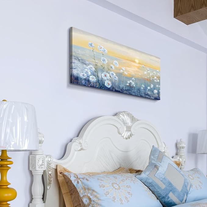 Blue Ocean Sunset Canvas Wall Art for Living Room Abstract Seascape Painting Coastal Beach Wildflowers Picture Natural Sea Landscape Print Sunrise With Yellow Orange Sky Seaside Artwork 20x40inch