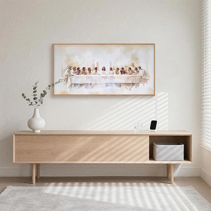 KAIRNE Jesus Last Supper Framed Canvas Wall Art Set, Christian Twelve Apostle Wall Decor, Bible Renaissance Wall Painting, Religious Picture Art Print for Living Room, Bedroom, Church, Large 20"x40"