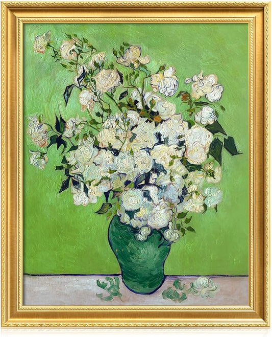 DECORARTS - Vincent van Gogh's Pink Roses in a Vase, Museum-Quality Giclee Canvas Print in Gold Solid Wood Frame, 34.75 x 28.75 in, Ready to Hang, Made in USA