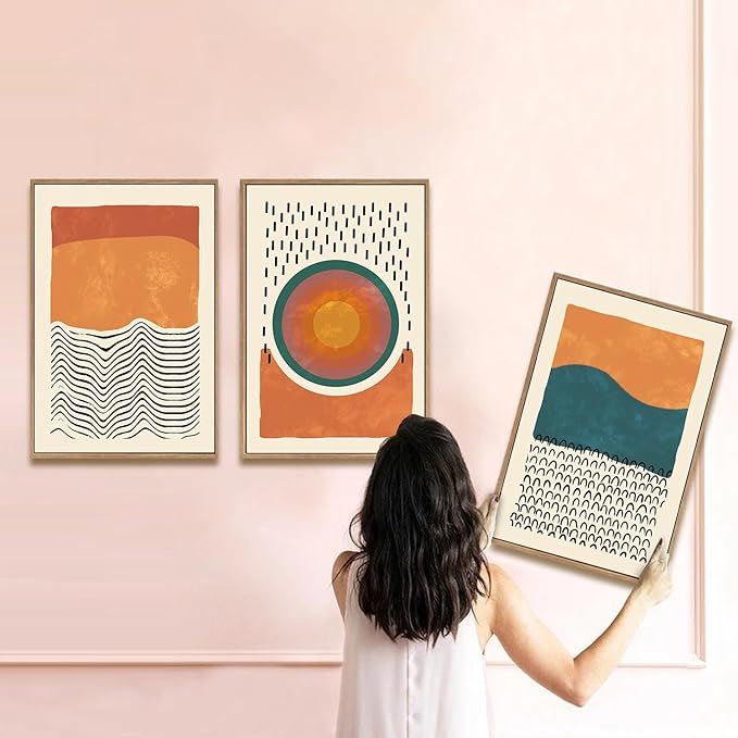 HPINUB Boho Abstract Framed Canvas Prints Wall Art Set, Mid-Century Color Block Shape Wall Decor, Minimalist Illustrations Art Photos for Living Room, Bedroom, Dining Room, Office, Bathroom-24 x36 x3