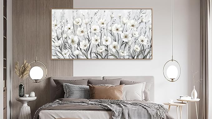 arteWOODS Flowers Framed Wall Art - Grey White Wildflowers Canvas Pictures Wall Decor Botanical Painting Artwork Elegant Floral Prints for Living Room Bedroom Home Decor 40 x 20in Natural Wood Frame