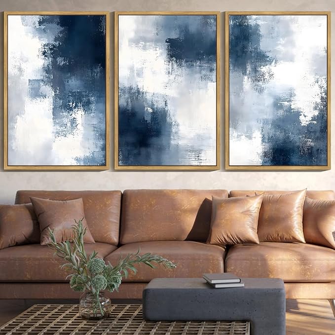 KUVIOKE Navy Blue Abstract Wall Art Framed Neutral Brush Strokes Block Shape Mid Century Art Prints Minimalist Modern Illustrations Bedroom Hallway 24x36in (Natural Framed)