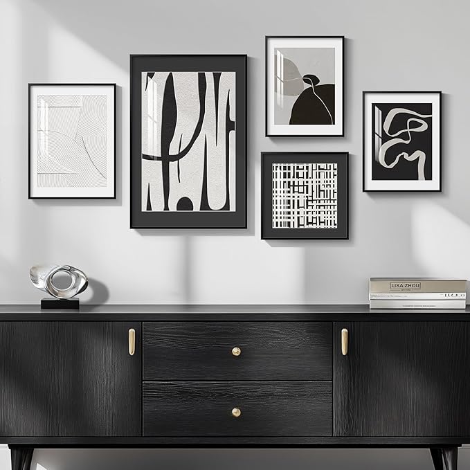 Framed Black and White Abstract Wall Art for Living Room, 5 Piece Modern Art Prints Paintings Artwork for Walls, Minimalist Pictures for Hallway Fireplace Dining Bedroom Office Bathroom Wall Decor