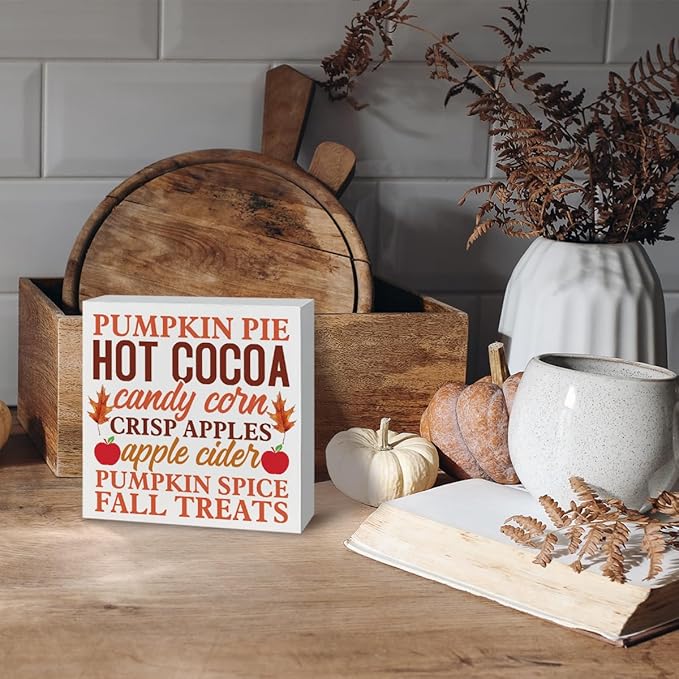 Fall Decor Sign, Autumn Artwork for Tabletop Decors, Farmhouse Autumn Home Decor, Thanksgiving Decoration, Table Shelf Decoration, Pumpkin Pie Hot Cocoa Candy Corn Crisp Apples Wood Signs A10
