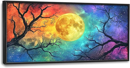 Extra Large Framed Abstract Moon Wall Art,Oversized Colorful Starry Night Tree Branch Wall Decor Pictures for Living Room,Canvas Print Painting Modern Artwork Bedroom Office Bathroom 60L x30W