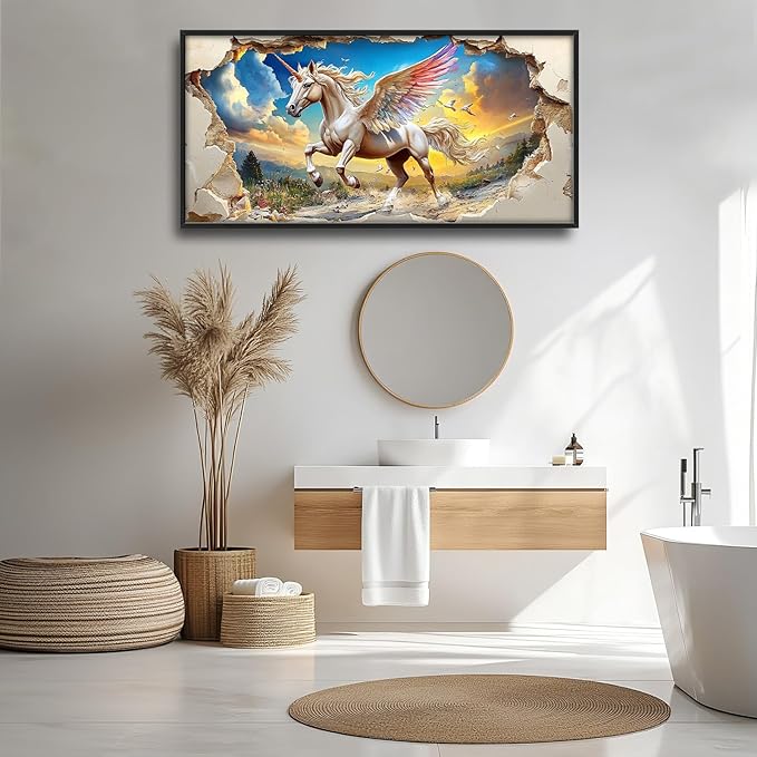 Framed Large Wall Art for Living Room, Unicorn Canvas Wall Decor, Large White Horse Pictures Framed Painting, Natural Landscape Artwork for Bedroom Office Home Decor 60L'' × 30W''