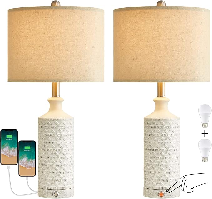 PoKat 24" Farmhouse Table lamp for Nightstands Set of 2 for Living Room, White Bedroom Bedside Lamp for Living Room, Ceramic Bedside Nightstand End Table Lamps, White