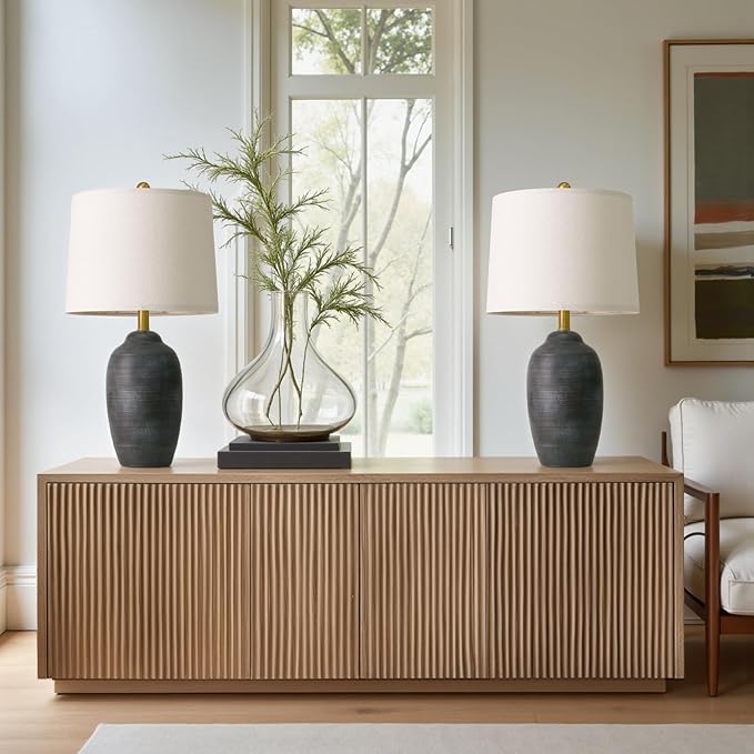 24.5" Vintage Ceramic Table Lamp - Single Farmhouse Rustic Bedside Lamp with Natural Textured Finish, Nightstand Lamps for Living Room, Bedroom, End Table, Office Retro Black