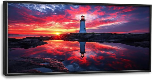 Olivine Lighthouse Wall Art, Nautical Coastal Pictures Wall Decor, Beach Sunset Paintings, Ocean Canvas Prints, Framed Artwork for Bathroom Bedroom Living Room Office Home Decoration 60"x30"