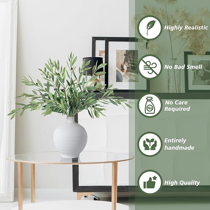 Faux Plants Olive Leaves Stems Artificial Plants Olive Tree Branches for Small Vase Tabletop Greenery Decor for Home Decor Office Wedding Party Decor 27.5” （4pcs）