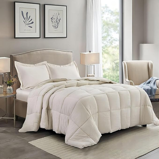 HIG Pre Washed Down Alternative Comforter Set Queen - Reversible Chic Quilt Design - Box Stitched with 4 Corner Tabs - Lightweight for All Season - Camel Duvet Comforter with 2 Pillow Shams