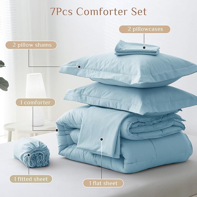 JOLLYVOGUE King Comforter Set, Ultra-Soft Bed in a Bag King Size 7 Pieces, Oeko-TEX Certified Bedding Set with Down Alternative Comforter, Sheets, Pillowcases & Shams, Lake Blue
