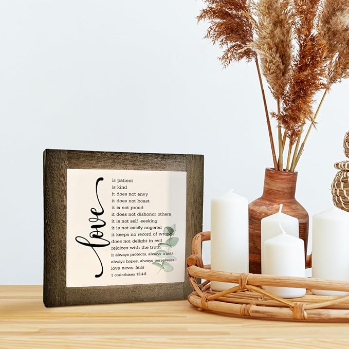 Bible Verse Corinthians 13:4-8 Box Sign, Love Never Fails, Wooden Plaque Gift Tabletop, Rustic Love Sign, Wood Block Plaque for Anniversary, Religious Home Decor, Gift for Couple, Wedding Gift C1