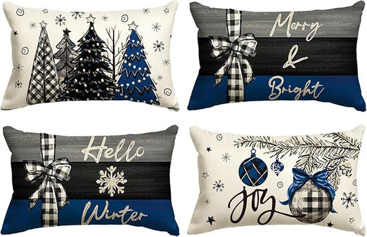 AVOIN colorlife Merry Christmas Joy Xmas Trees Blue and Black Throw Pillow Covers, 12 x 20 Inch Christmas Winter Holiday Cushion Case Decoration for Sofa Couch Set of 4