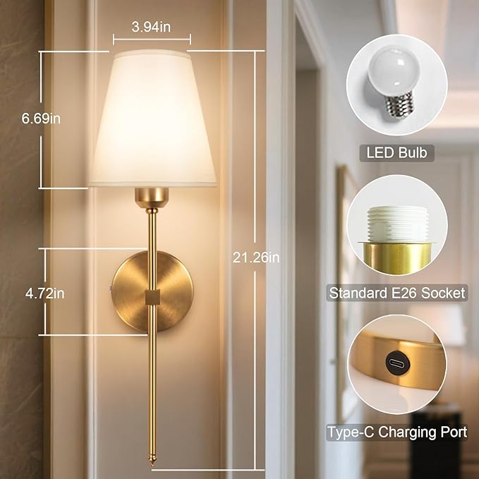 Battery Operated Wall Sconces Set of 2,LED Rechargeable Wall Lights Remote Controlled, Warm to Cool White Adjustable Brightness, Wireless Sconce with Linen Fabric for Bedroom Living Room Decor 6000mAh