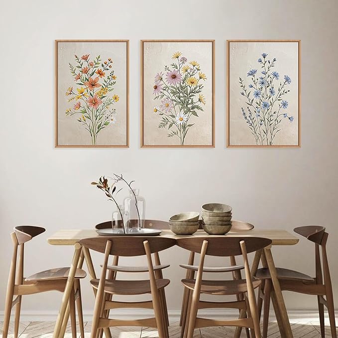 HPINUB Colorful Wildflower Canvas Framed Wall Art Set,Minimalist Botanical Floral Wall Decor,Vintage Flower Artwork,Modern Watercolor Boho Bouquet Art Print for Living Room,Bedroom,Farmhouse-24"x36"x3