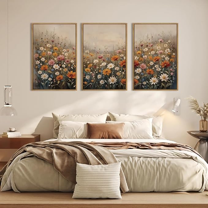 IARTTOP Large Vintage Wildflower Canvas Wall Art Framed 24x36x3 Misty Moody Botanical Art Prints Calming Nature Floral Landscape Wall Decor for Living Room Bedroom Office