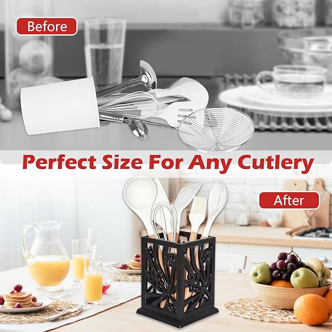 Kitchen Utensil Holder for Countertop Vintage Cast Iron Metal Utensil Storage Spatula Holder for Kitchen Counter with Hollowed-out Daffodil Pattern, Black