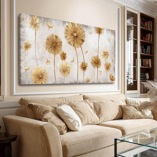 Framed Canvas Wall Art Gold Dandelion Wall Prints Living Room Artwork Grey Picture Wall Decor for Bedroom 20"x 40" Office Painting Home Decor
