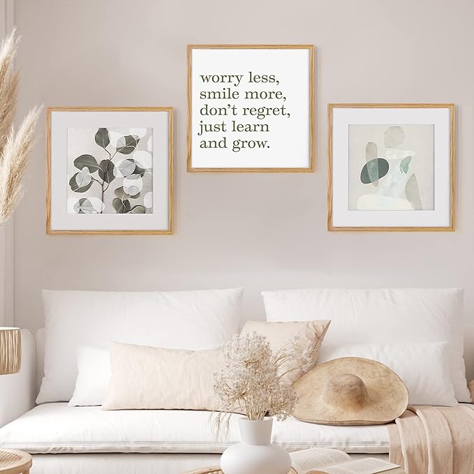 Solid Oak Wood 16x16 Picture Frames, 16"x16" Picture Frame Matted to 12"x12", Square Frames 16 x 16 with Tempered Glass, 16 by 16 Photo Frame for Wall (Beige Oak Color, 3 Pack)