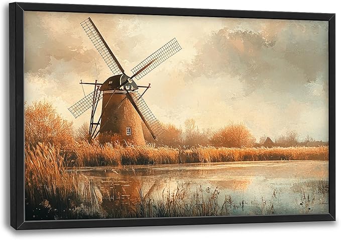 Landscape Framed Wall Art for Living Room, Large Holland Windmill Canvas Wall Decor, Country Farmhouse Pictures Painting, Modern Artwork for Bathroom Bedroom 36L'' × 24W''