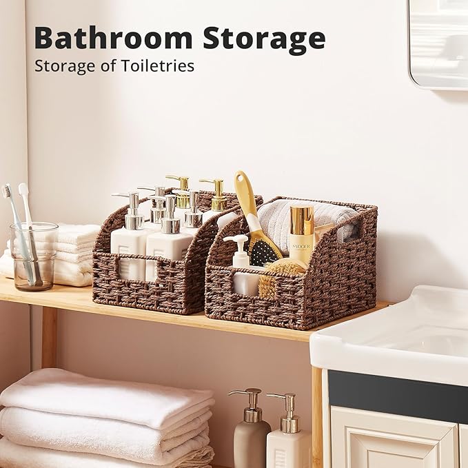 OIAHOMY Pantry Baskets for Organizing, Paper Rope Baskets with Built-in Handles, Wicker Storage Bins for Shelves, 2 Pack-Brown