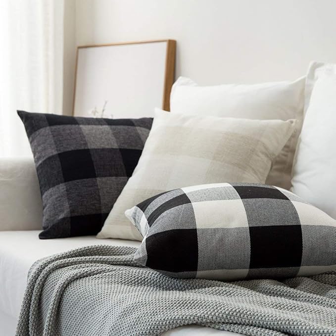 MIULEE Halloween Pack of 2 Farmhouse Buffalo Check Plaids Linen Throw Pillow Covers Soft Soild Decorative Home Decor Outdoor Cushion Case for Sofa Bedroom 18 x 18 Inch, Black and White