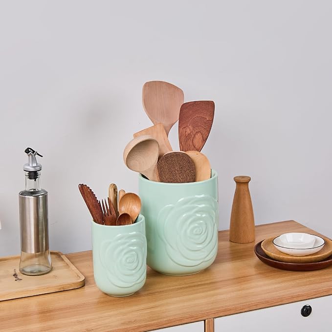 Light Green Ceramic Utensil Holder Set of 2 - Rose Carved Design, Kitchen Countertop Utensil Organizer for Spatula, Spoon & Cooking Tools, Large (7.5") & Small (5.5"), Farmhouse Kitchen Counter Decor