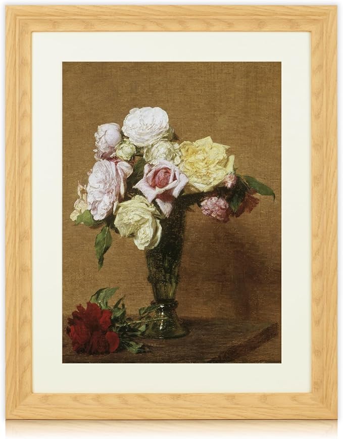 Brivoria Framed Canvas Wall Art Vintage Decor, Majestic Autumn Floral Still Life with Colorful Roses in Fluted Vase and Warm Rustic Tones for Living Room Dining Room Fireplace or Gallery Display,16x20