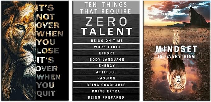Lion Motivational Wall Decor Inspirational Quotes Wall Art Canvas Zero Talent Poster Print 3 Panel Animal Picture Artwork for Living Room Bedroom Office Home Decor Framed Ready to Hang [48''Wx 24''H]