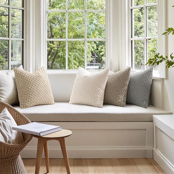 MIULEE Throw Pillow Covers Soft Couch Decorative Set of 4 Boho Striped Cushion Corduroy Pillowcases Farmhouse Rustic Mid Modern Home Decor for Couch Bed Sofa Living Room 18x18 Inch Neutral Harmony