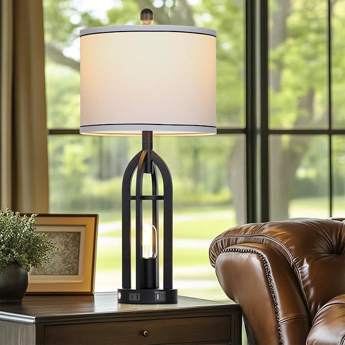 27" Tall Vintage Table Lamp with USB C+A & Outlet,Black Industrial End Table Lamp for Living Room,Farmhouse Rustic Bedside Lamps with Night Light for Bedroom Nightstand,Black（2 LED Bulbs Included）